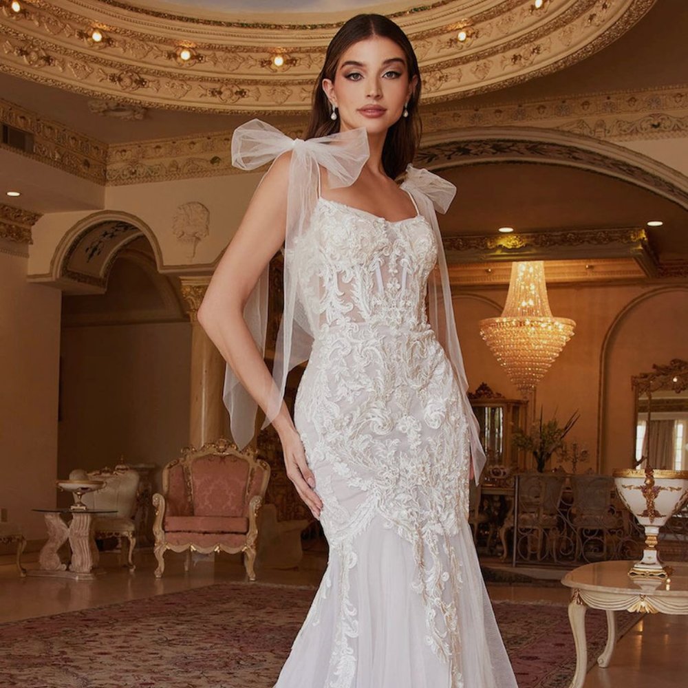 Beatrice Lace Corset Mermaid Gown With Bow Sleeve